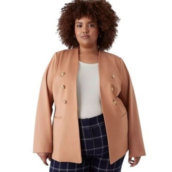 LANE BRYANT The Bryant Blazer 16 Camel Ponte Knit Gold Button Preppy Classic - Picture 1 of 16
